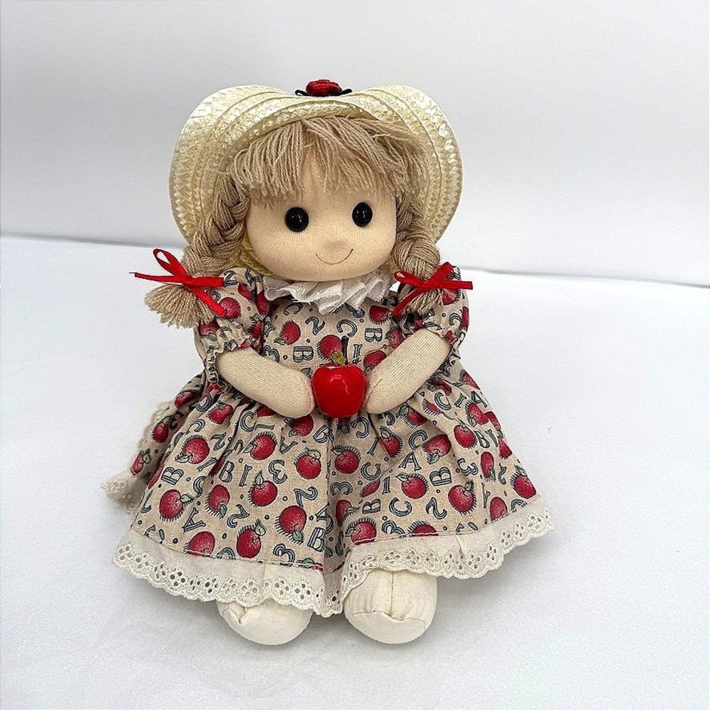 Cacos Musical Wind Up Rag Doll Apple ABC Dress Straw Hat VTG Cottage Core